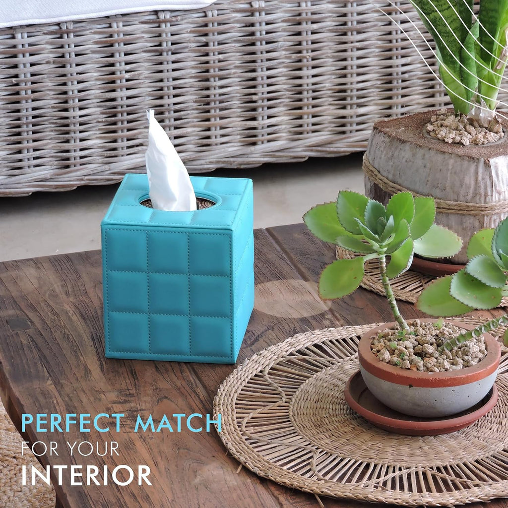 Luxury 5 Star Hotel Style Tissue Box Cover - Sturdy and Stylish Tissue Box Holder with a Custom Height and Modern PU Leather Exterior, 13.5x13.5x15cm - Teal Blue