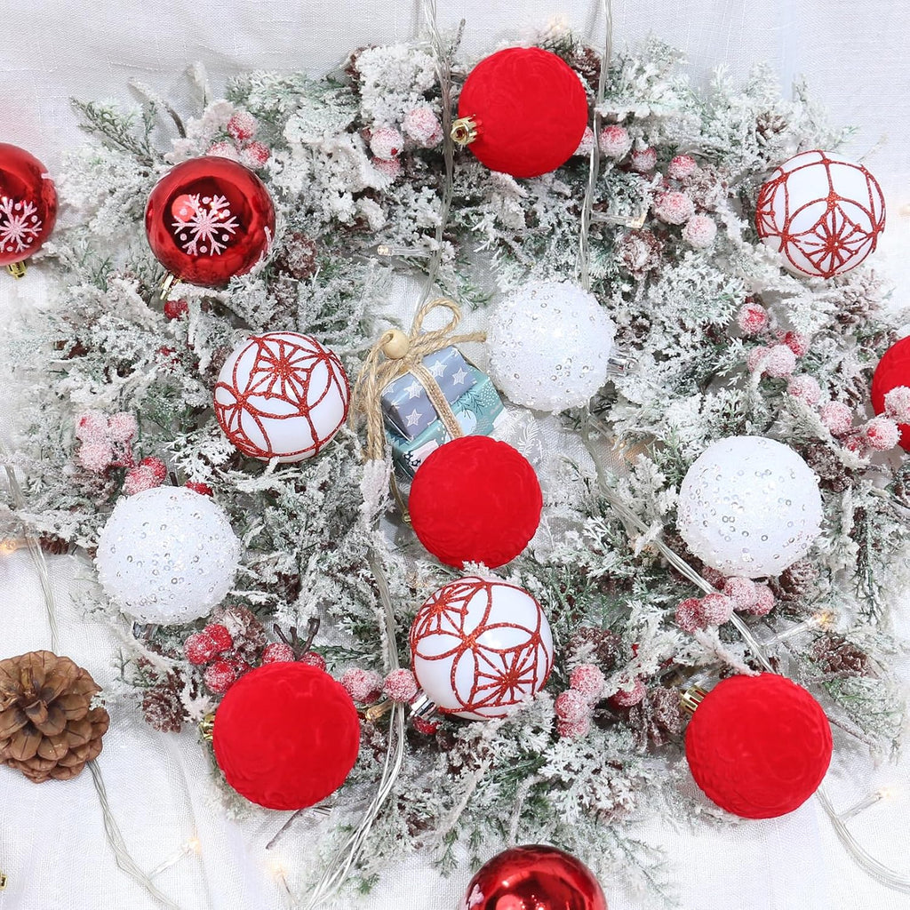 25PCS 2.36In Velvet Red/White Christmas Ball Tree Ornaments Decorations Set