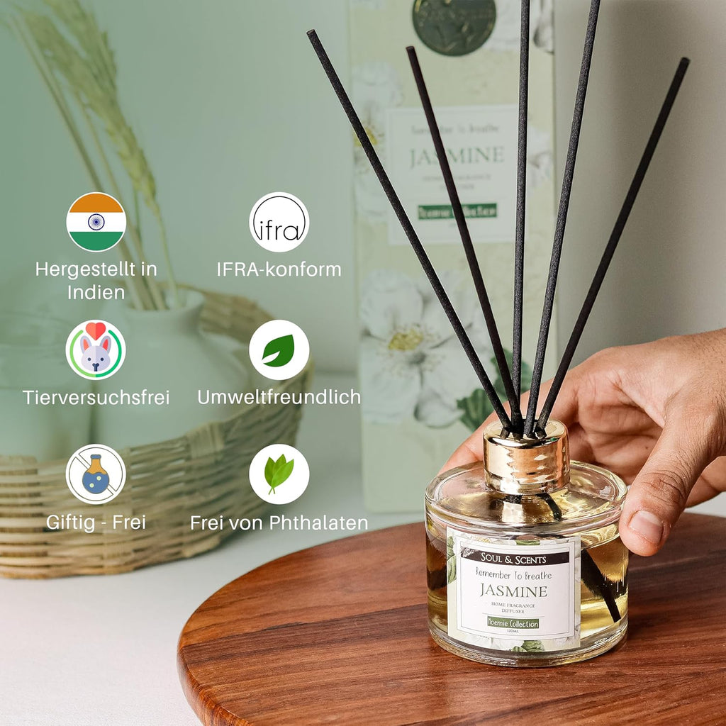 Soul & Scents Jasmine Scented 4.06 oz (120ml) Reed Diffuser Set with 6 Fiber Sticks for Room Decor | Home Fragrance Reed Diffuser | Air Freshners for Home