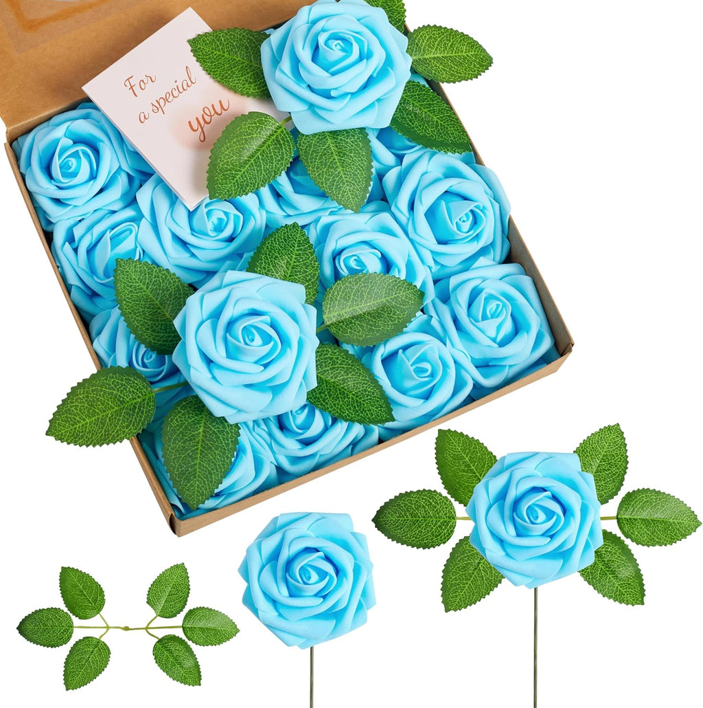 XIANNVXI 16Pcs Light Blue Artificial Rose Flowers