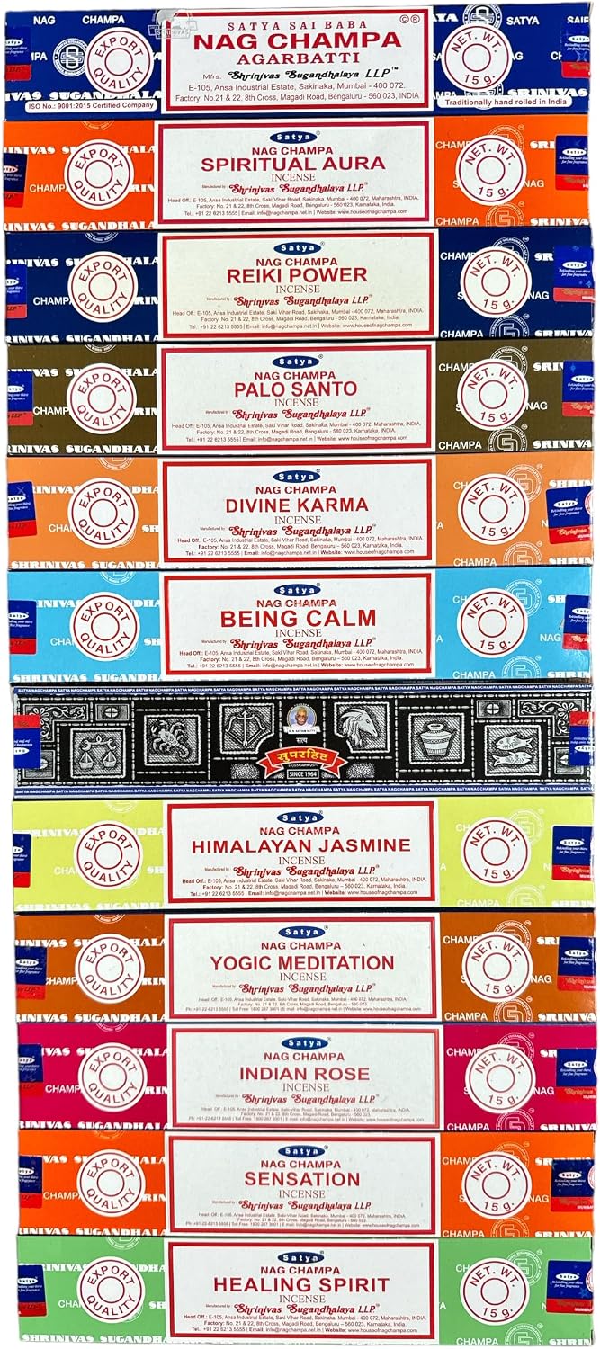 Satya Incense Sticks Set of 12 - Nag Champa, Palo Santo, Rose, Jasmine