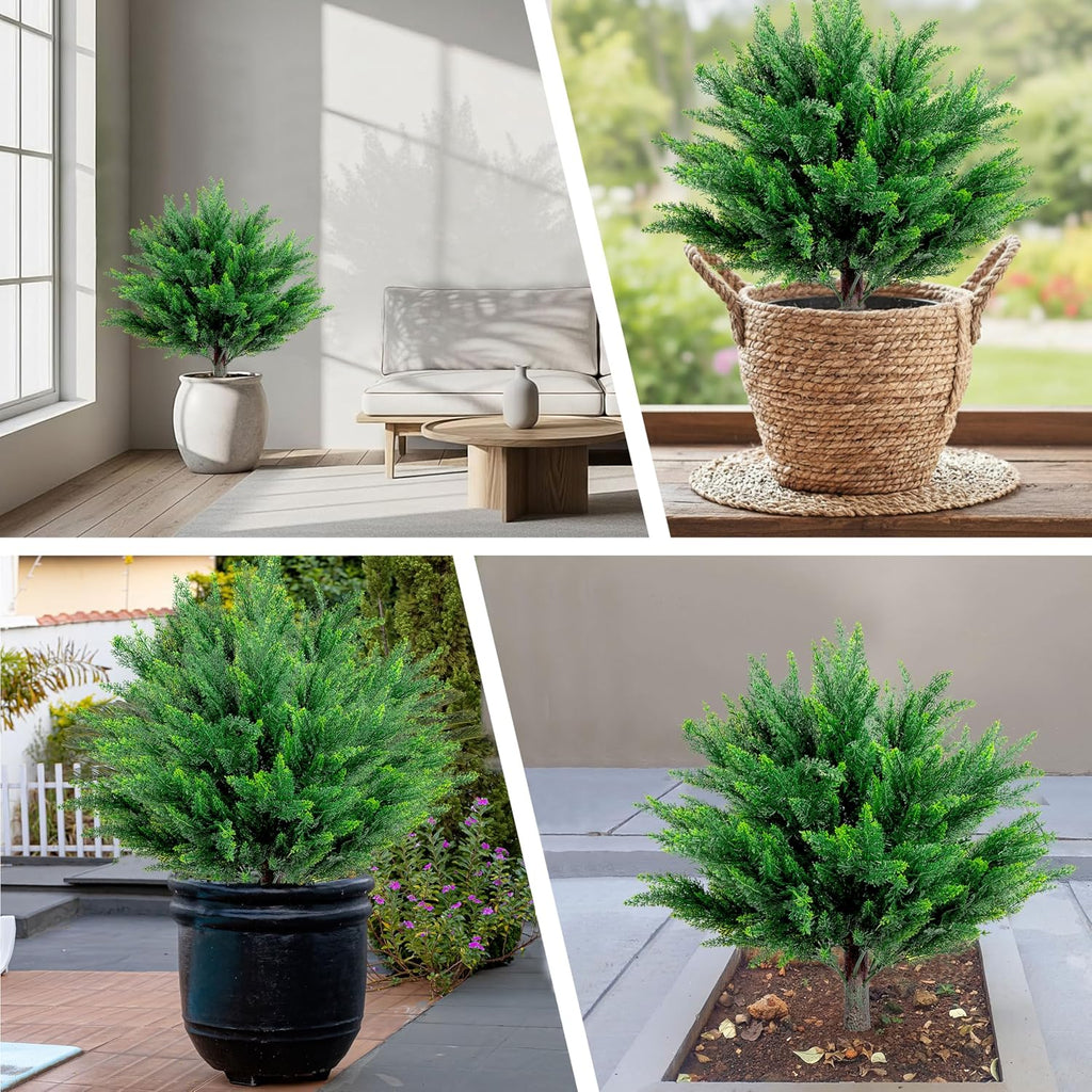 24.8" Artificial Cedar Topiary Tree 2ft (Set of 2) – Faux Cedar Trees for Outdoor Planters with Ground Spike, UV Resistant, Full & Realistic Evergreen Shrubs for Front Porch, Garden, Patio Decor