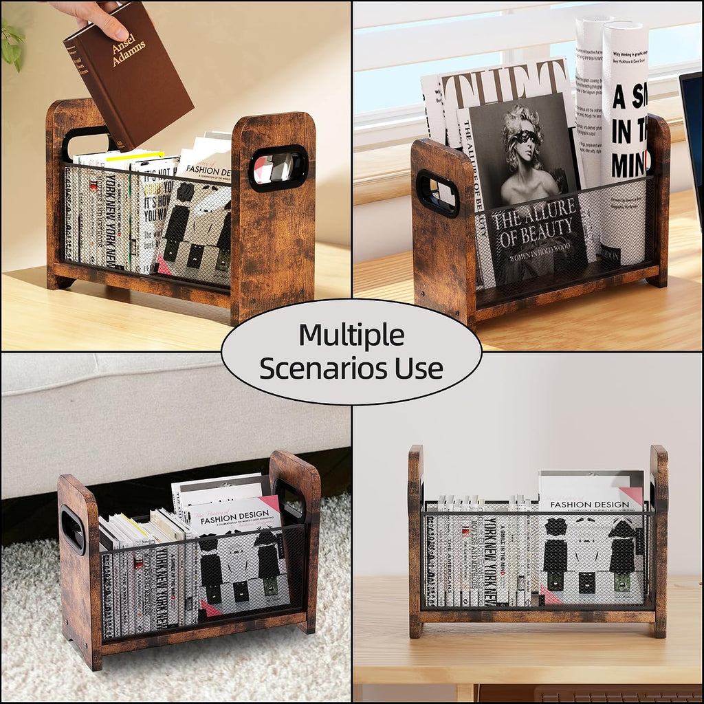 Wood Magazine Holder & Rack - Retro Brown Mesh Storage Basket for Books, Newspapers, Files - Desk/Floor Organizer
