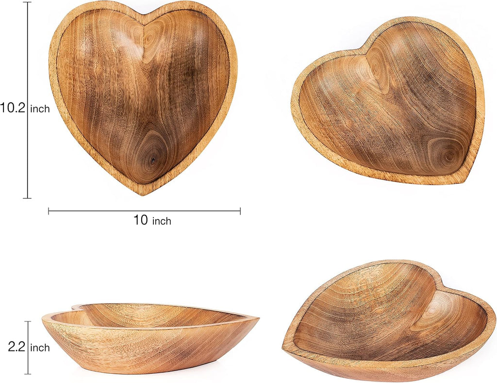 WitnyStore Heart Shaped Wood Bowl 10" Brown Handcrafted Wooden Bowls Collectible Functional Serving Tray Dish Plate Hand Made Decorative Tableware for Candy Nuts Dessert Fruit Home Décor Accents Gifts