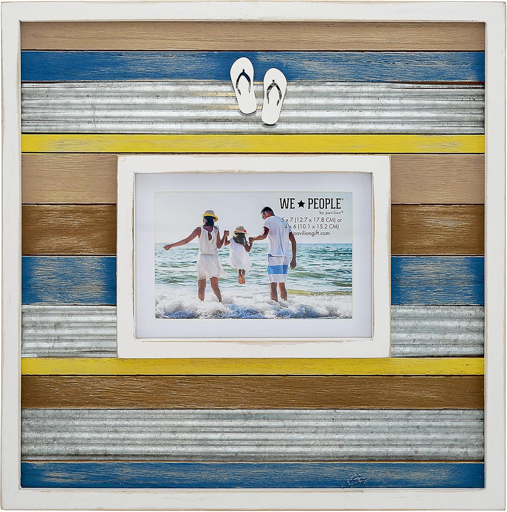 Pavilion Gift Company - Beach-Themed Distressed Wall Picture Frame, Holds 4x6 or 5x7 Photo,14 x 14 inches, Brown, Blue, Yellow, White, 1 Count