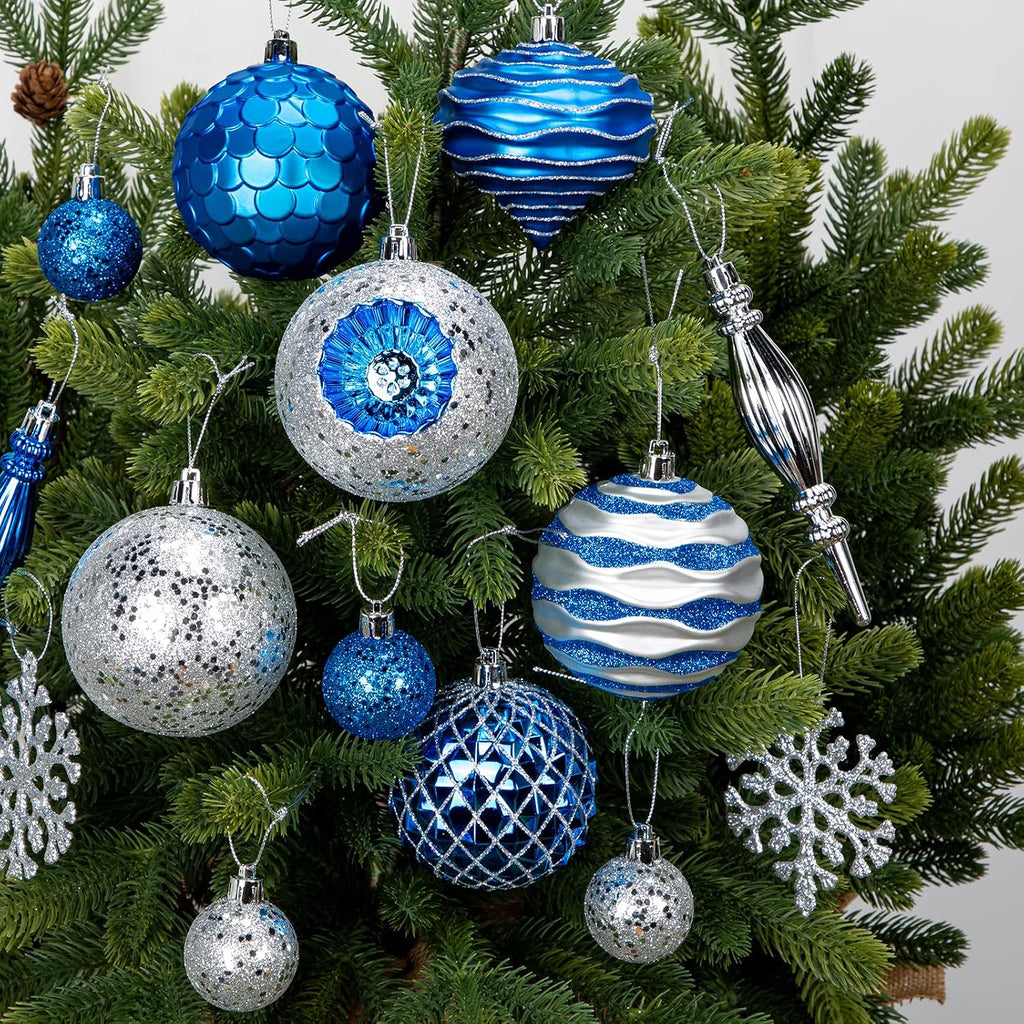 Hollyone Blue and Silver Christmas Balls Ornaments Set, 50pcs Large Glitter Shatterproof Christmas Snowflakes Ornaments Bulk Decoration Hanging Ball for Xmas Tree Wreath Garland Wedding Home Decor