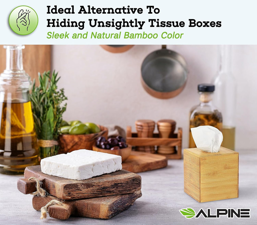 Alpine Industries Wooden Bamboo Square Tissue Box Cover - Eco Friendly Pull Cube Dispenser - Decorative Holder/Organizer for Bathroom, Office Desk & Car (Bamboo),405-BMB