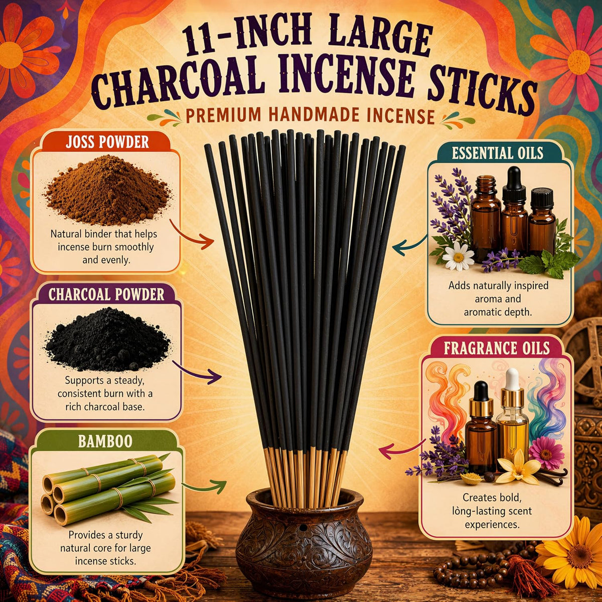 Frankincense and Myrrh Exotic Incense Sticks 11 Inch - Bulk 1 Bundle 85 to 100 Sticks - Natural 11" Long Lasting Aroma that Burns for 45 to 60 Minutes.