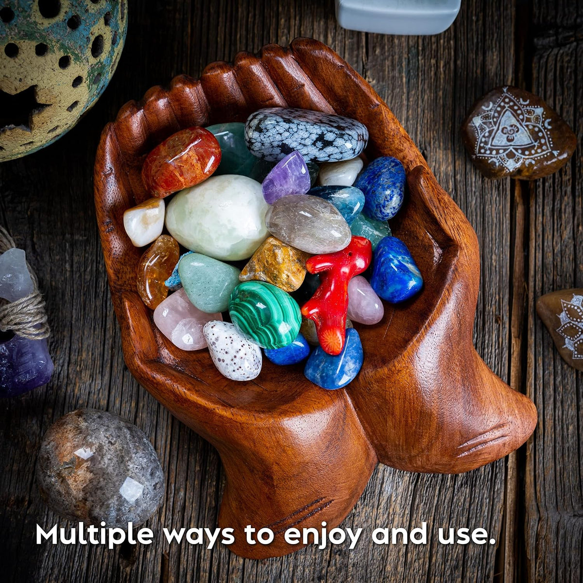 Wooden Hands Bowl, Crystal Display, Rock Display, Brown, Medium