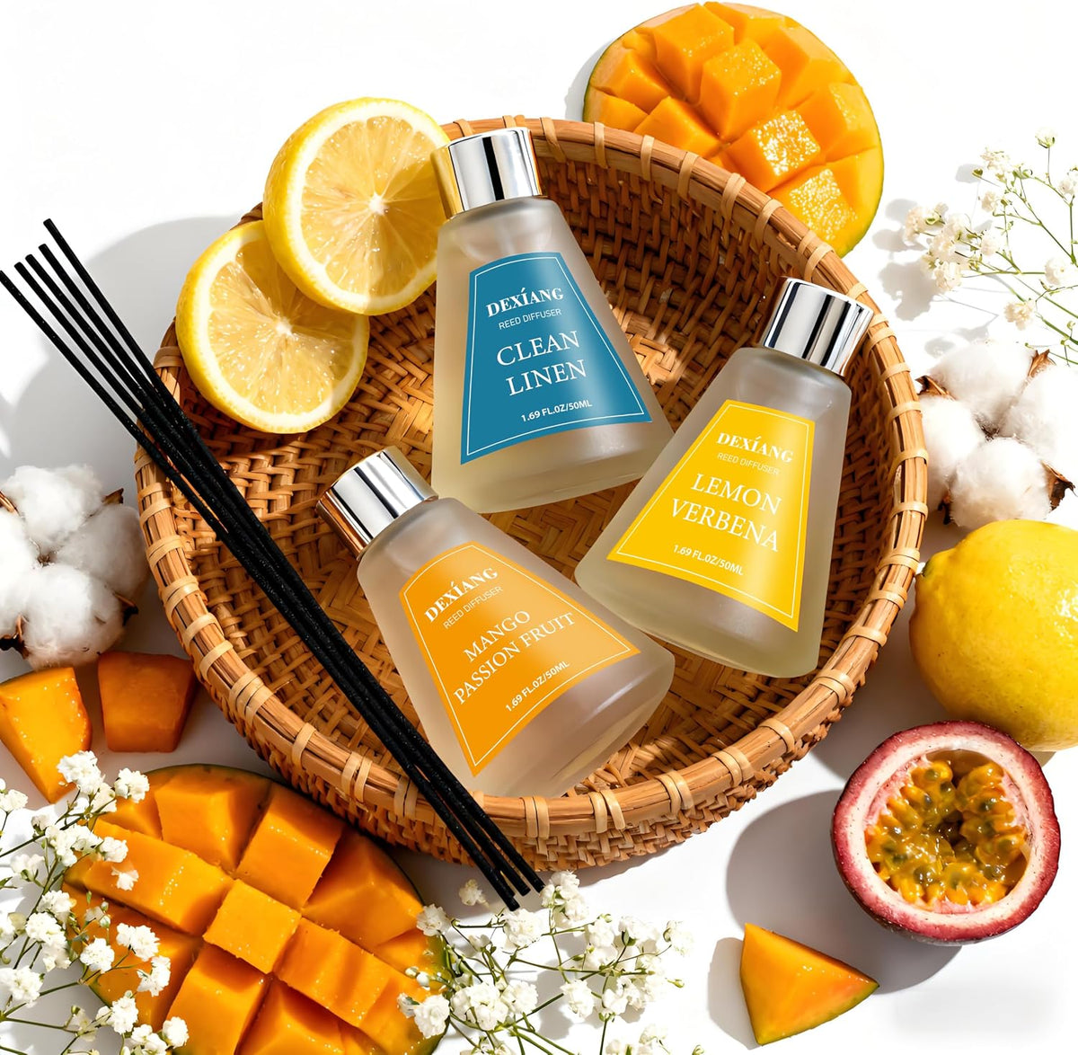 Reed Diffuser Set of 3 Pack, Lemon Verbena/Mango Passion Fruit/Clean Linen Oil Diffuser Reed Diffusers for for Home, Bathroom, Office Decor, 1.7 Fl.oz, Total 5.1Oz