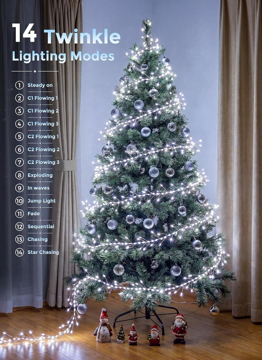 Flowing Fairy Lights Plug in with 14 Modes, 10FT 388LED Twinkle String Lights Indoor, Christmas Tree Lights Indoor Waterproof for Bedroom Christmas Home Room Decor, Cool White