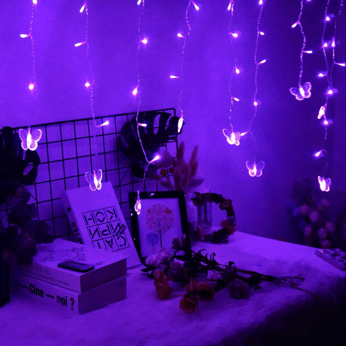 Butterfly Curtain Fairy Lights USB Plug in,8 Modes 120 LED 19.7FT Firefly Twinkle Timer String Lights with Remote, Waterproof Copper Wire for Bedroom Patio Christmas Wedding Party Dorm (Purple)