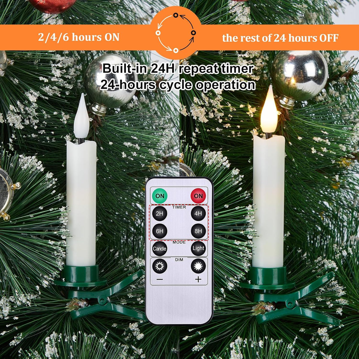 IMAGE Clip On Candles for Christmas Tree, 3.8 Inch Battery Operated Flameless Taper Candles with Remote Control Timer, Warm White LED Tree Candles with 3D Flickering Wick