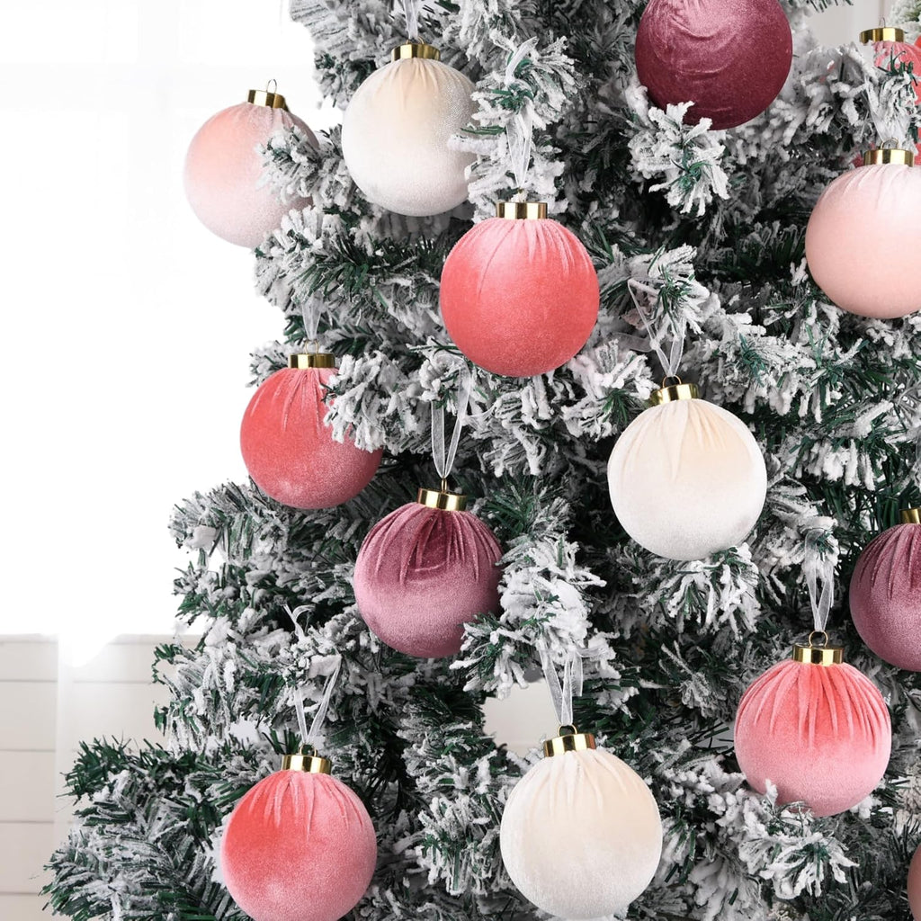 Velvet Christmas Ornaments Balls for Tree - 15pcs Pink Christmas Ornaments Shatterproof for Xmas Decorations - Multicolor Pink & Beige 80mm 3.15inch