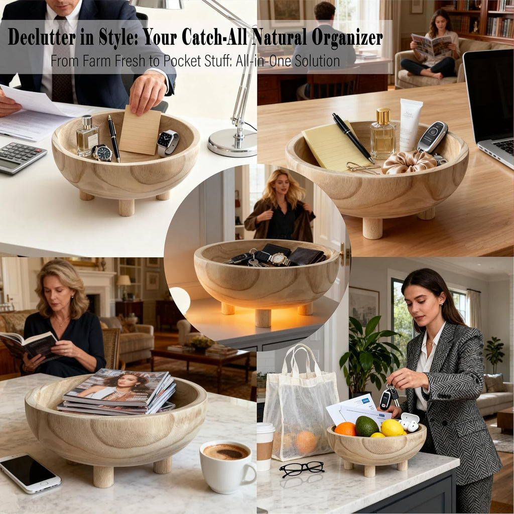 Premium 11" Handcrafted Large Wooden Fruit,Dough,Salad/key Bowl-Wooden Decorative Serving Bowl-Modern Farmhouse Kitchen Counter Centerpiece/Table/Dining Room Entryway Key Catcher-Wedding|Birthday Gift