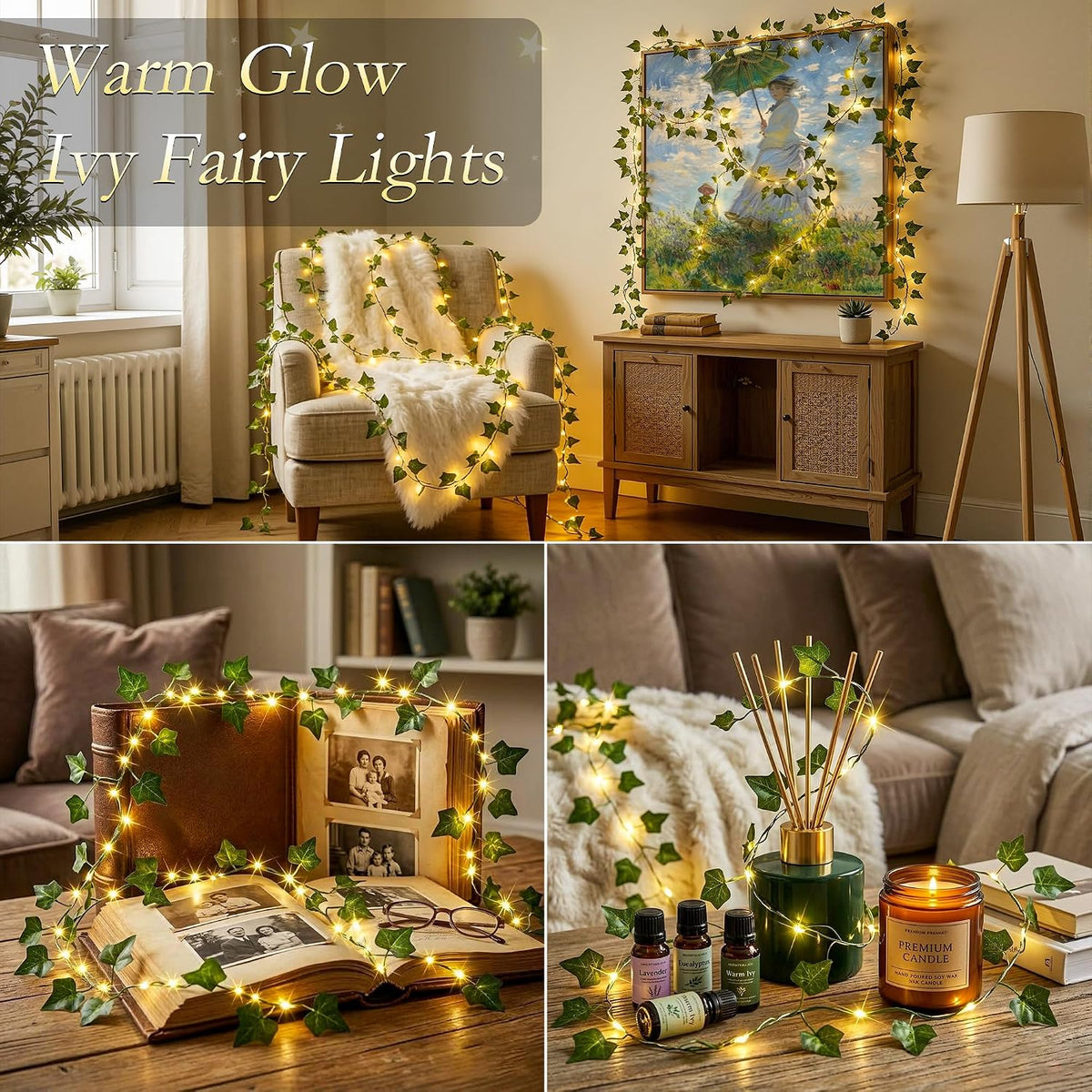 66FT Ivy Vines with Fairy Lights, IP44 Waterproof 200LED String Lights with 8 Modes & Timer, Battery Operated Artificial Greenery Garland for Aesthetic Bedroom Wall Decor, Party, Wedding