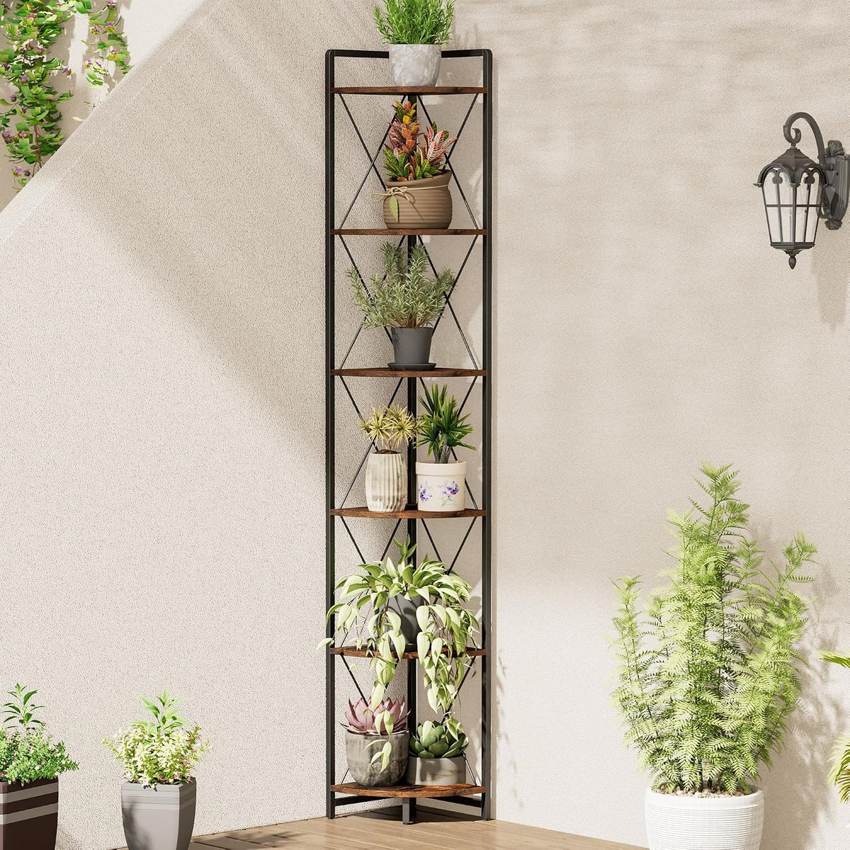 6 Tier Corner Shelf Stand, 78" H Tall Corner Bookshelf, Rustic Brown