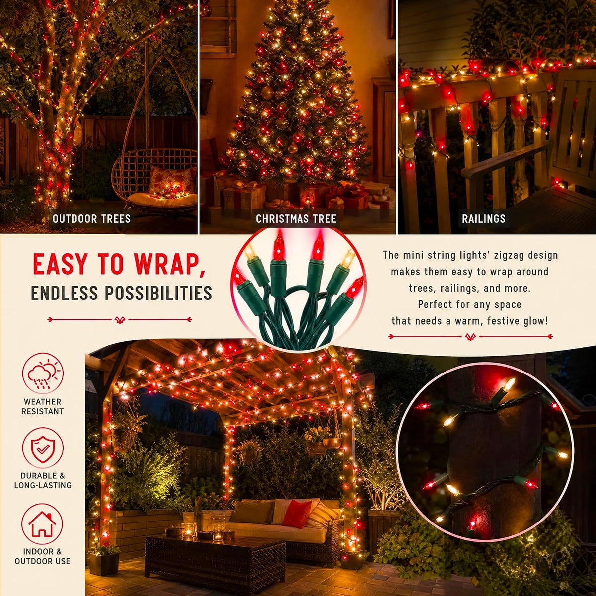 TW SHINE Christmas Mini String Lights, 20FT 100 Count Incandescent Mini Christmas Tree Lights, Waterproof Xmas String Lights for Outdoor Indoor Home Party Yard Decorations, Warm White and Red