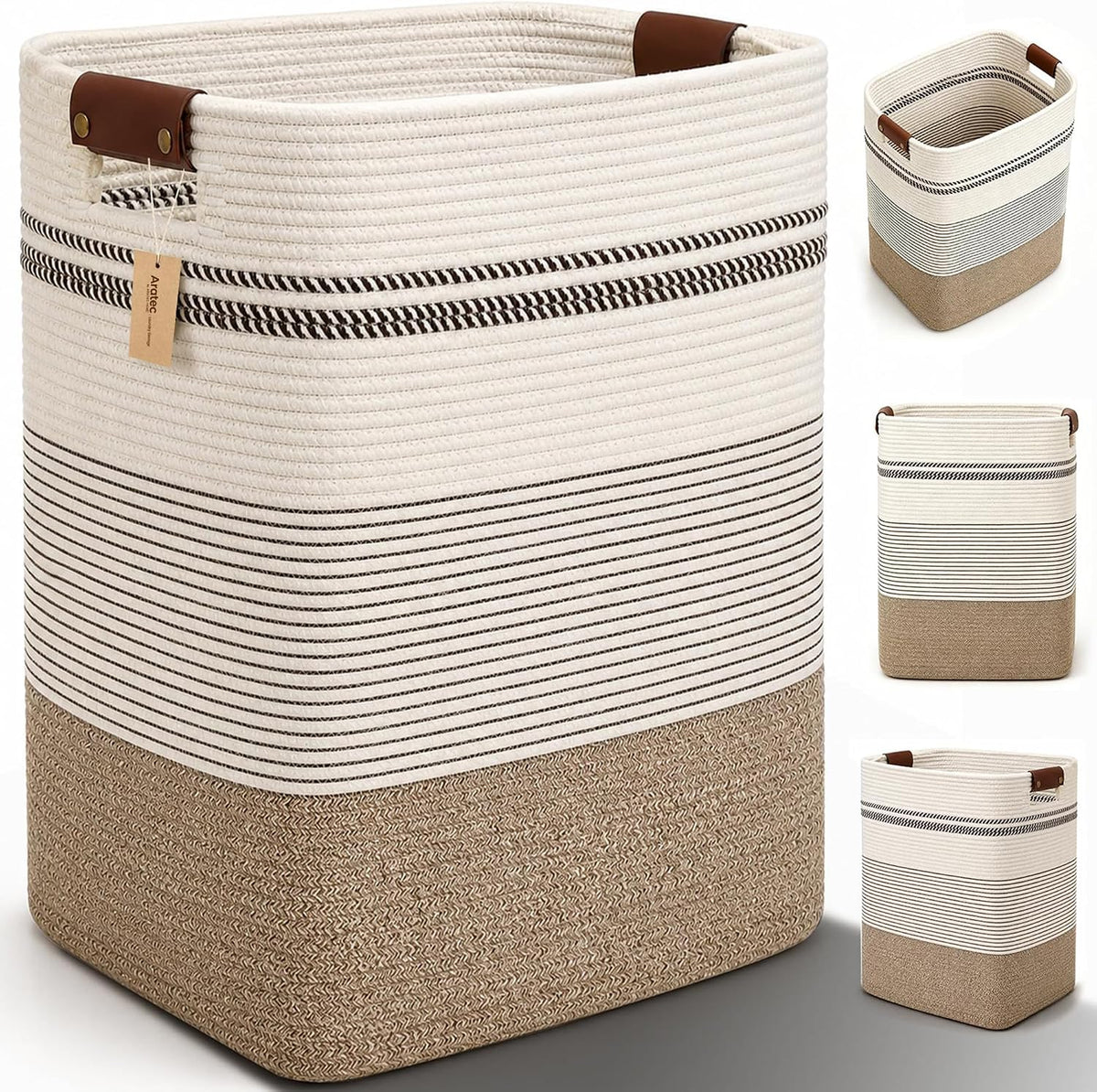 Laundry Hamper, Cotton Rope Laundry Basket with Leather Handles, 22.5-Gallon/85 L Large Clothes Hampers for Laundry, Woven Laundry Baskets for Blankets, Clothing, Bedroom, Living Room, Nursery