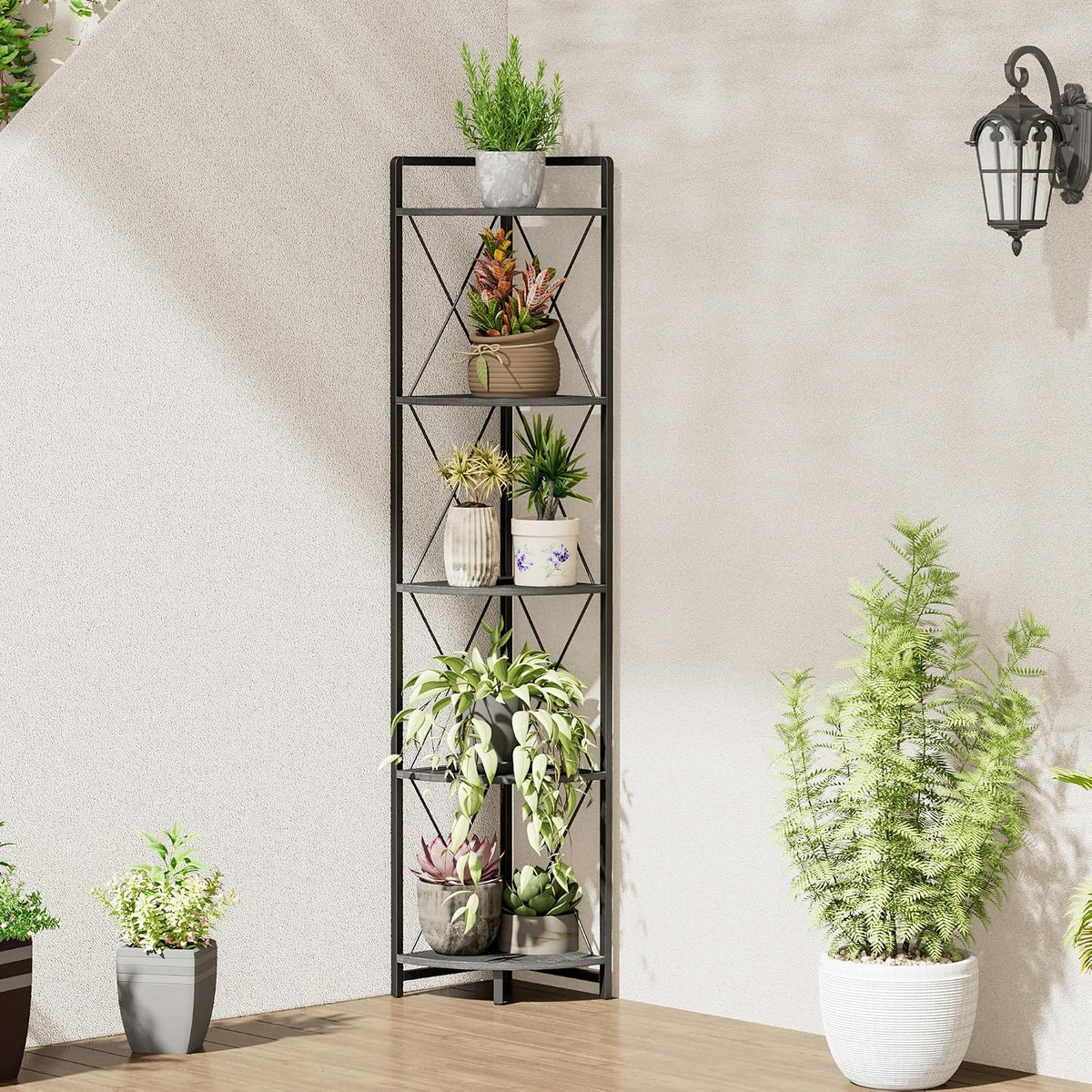 5 Tier Corner Shelf Stand, 64" H Tall Corner Bookshelf, Black