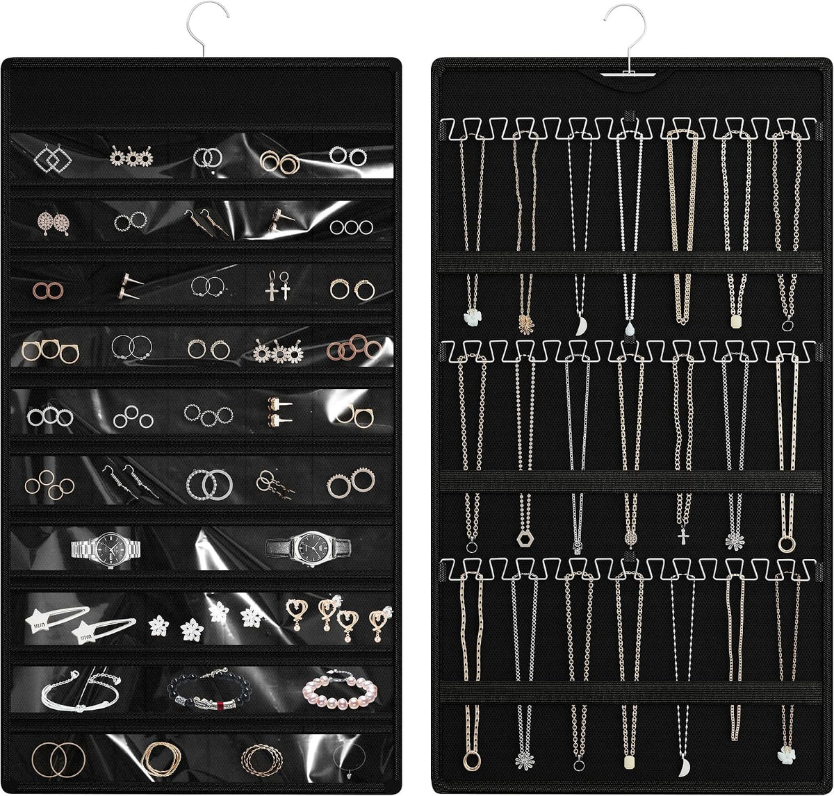 Hanging Jewelry Organizer, Double-Sided Necklaces Holder, Black