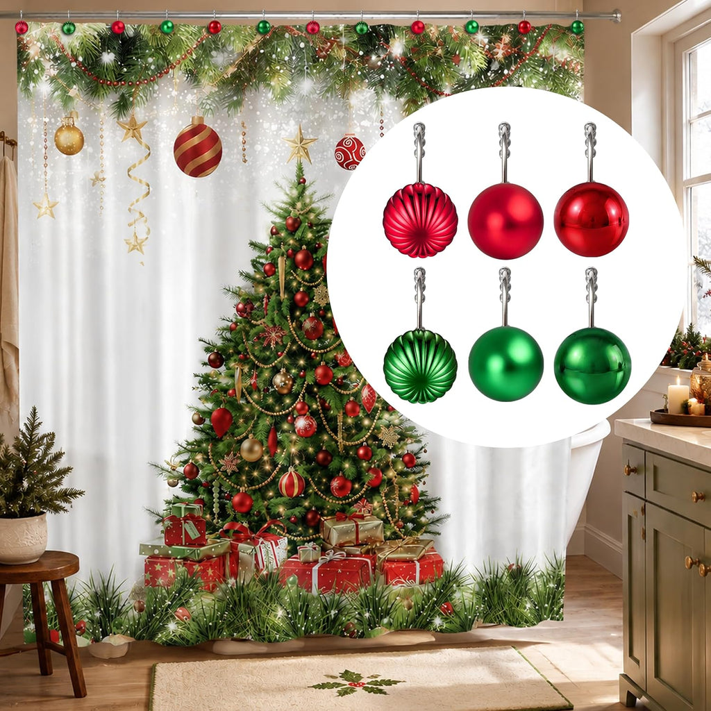 Sunlit Christmas Balls Decorative Shower Curtain Hooks, Shower Curtain Rings with Roller Balls, Xmas Theme Winter Holiday Bathroom Decoration, Set of 12, Red and Green