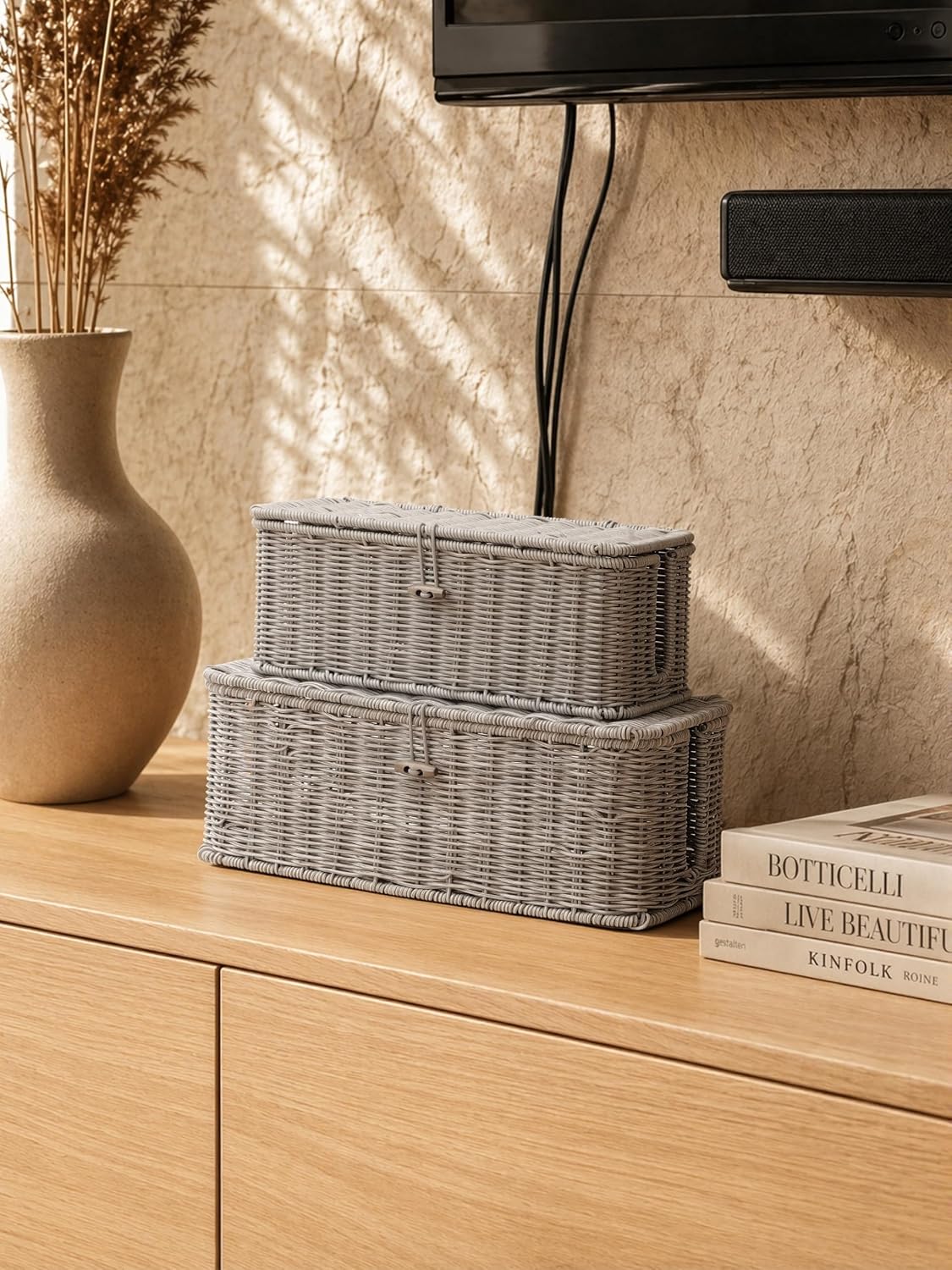 Cable Management Box, Cord Organizer with Lid & Cable Ties - Gray, L