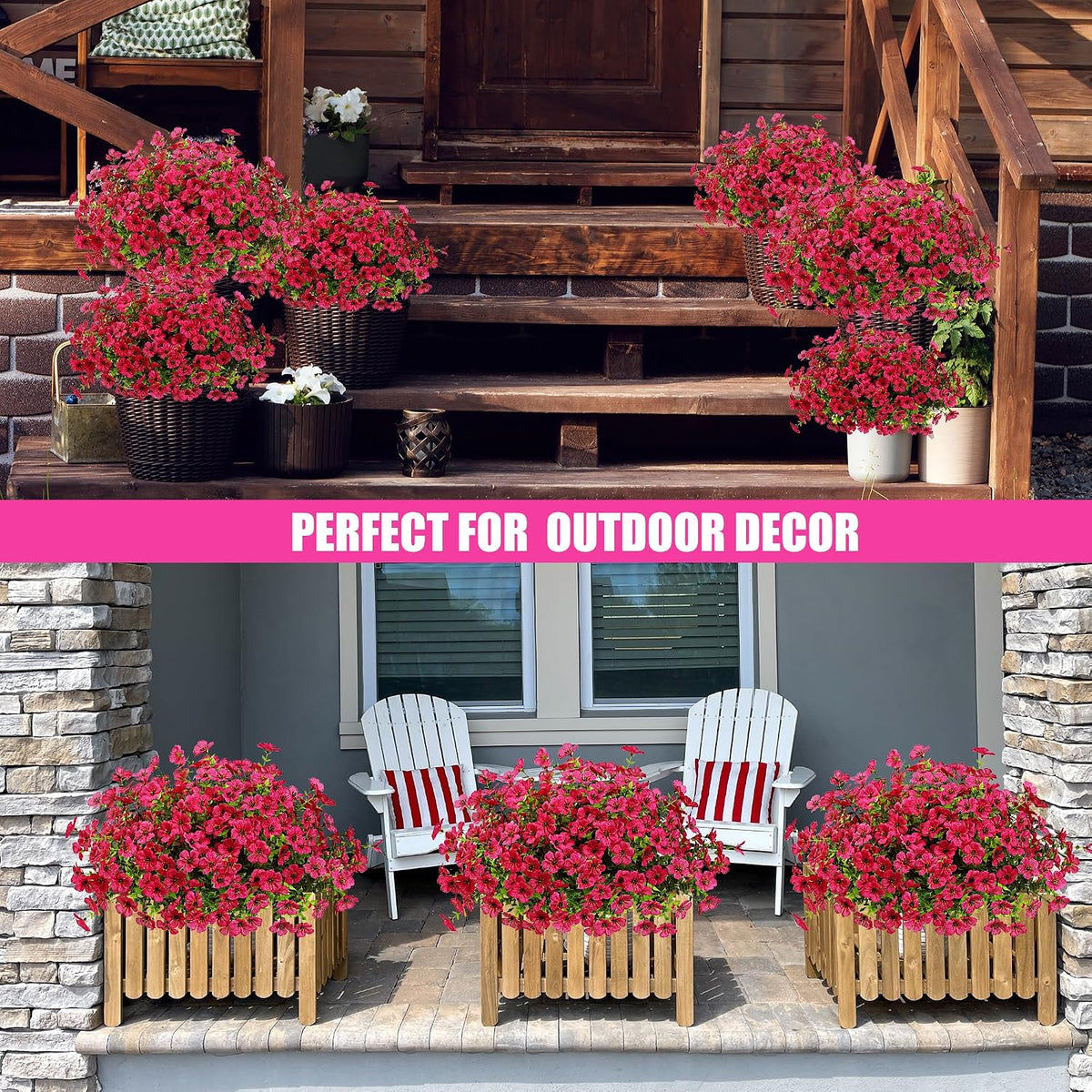 Sggvecsy Artificial Flowers for Outdoors 12 Bundles Realistic Faux Plants UV Resistant Fake Silk Daisy with Eucalyptus for Boxwood Planter Patio Porch Outside Spring Summer Decoration(Rose Red)