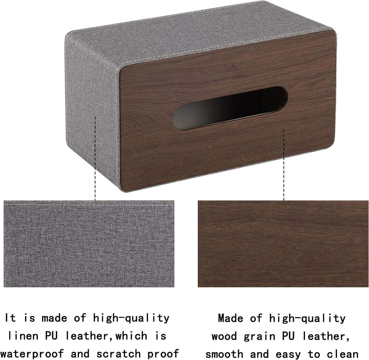 High-end Leather Tissue Box Holder Two Color Matching,Rounded Rectangle Napkin Pumping Paper Case Dispenser, Facial for Home Bathroom Dresser Office Automotive Decoration (Gray)