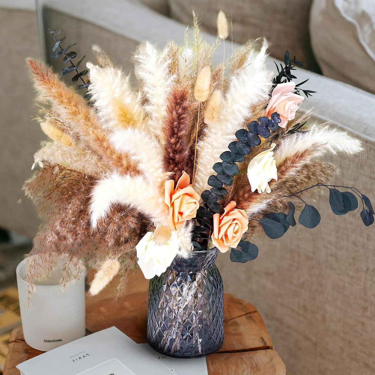 Dried Flower Bouquet | Pampas Grass Decor | Floral Arrangements for Home & Wedding | Boho, Rustic, and Modern Decorations (Without vase)