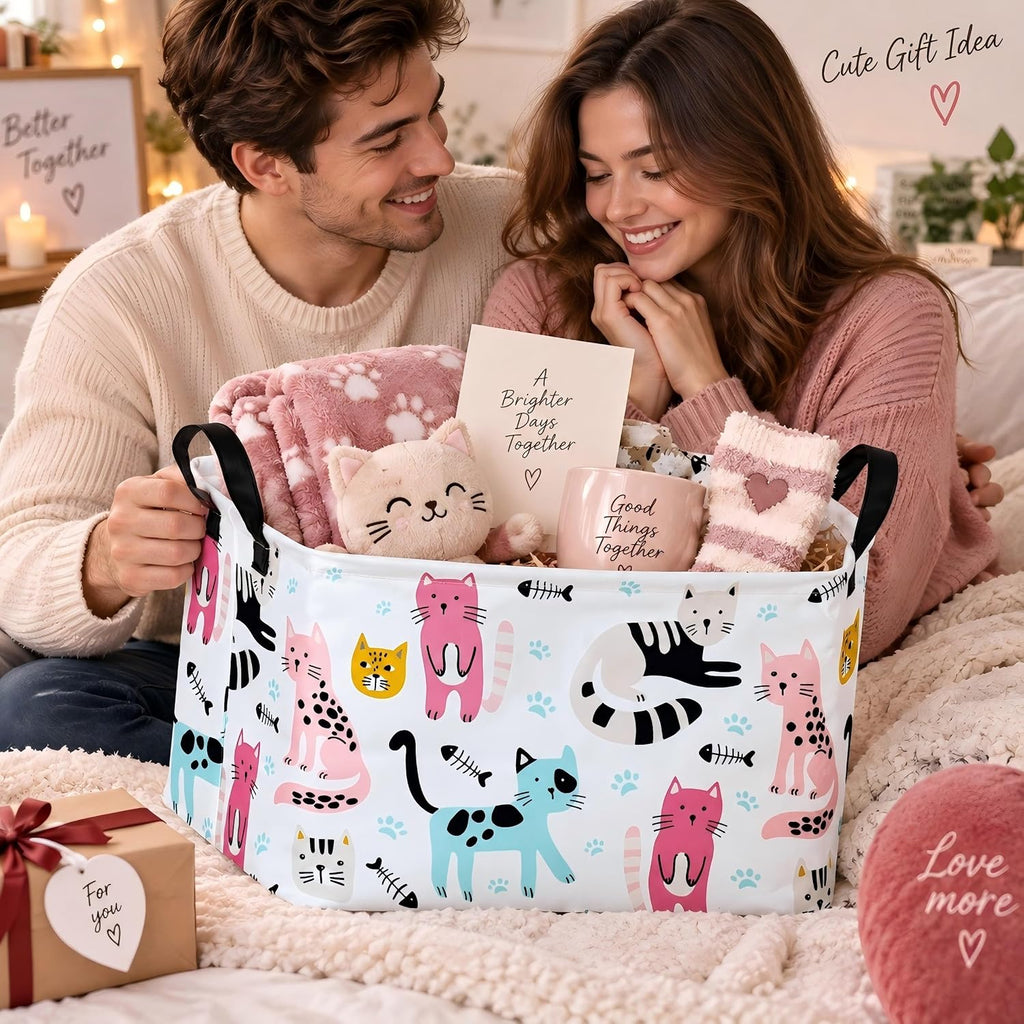 Cat Storage Basket, Foldable Cotton Linen Storage Bin with Handles, Cute Cat Print Rectangular Organizer Basket with Water Resistant Lining for Closet Shelves, Bedroom, Toys, Laundry and Gifts
