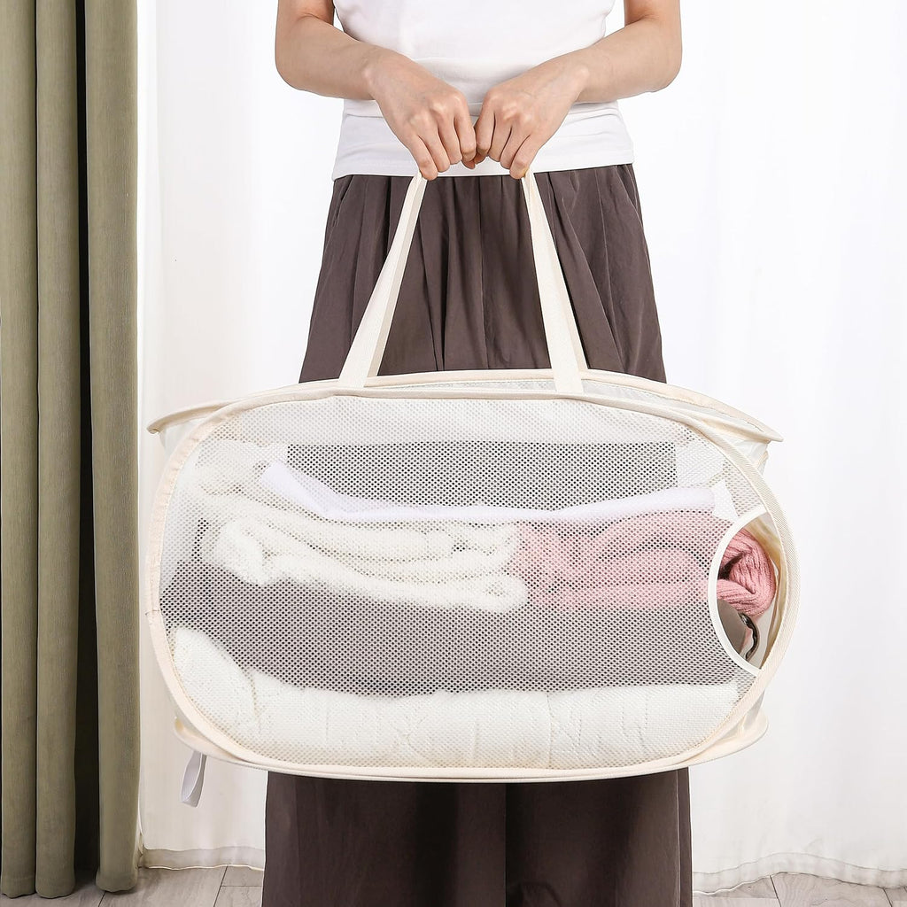 4Pcs Beige Canvas Laundry Hamper, Foldable Pop-up Mesh Basket, Large Capacity, Opening Design, Side Storage Bag, Versatile Use-Home, Camping, Dorm, Hotel, Travel