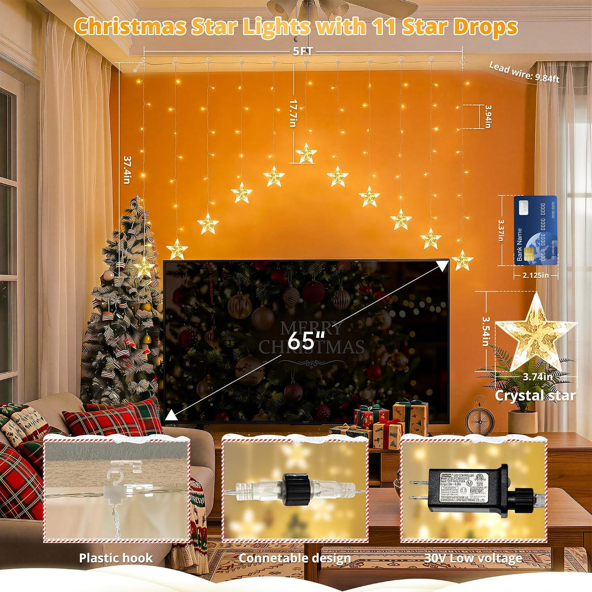 woohaha Christmas Star Icicle Curtain Lights,118LED Warm White