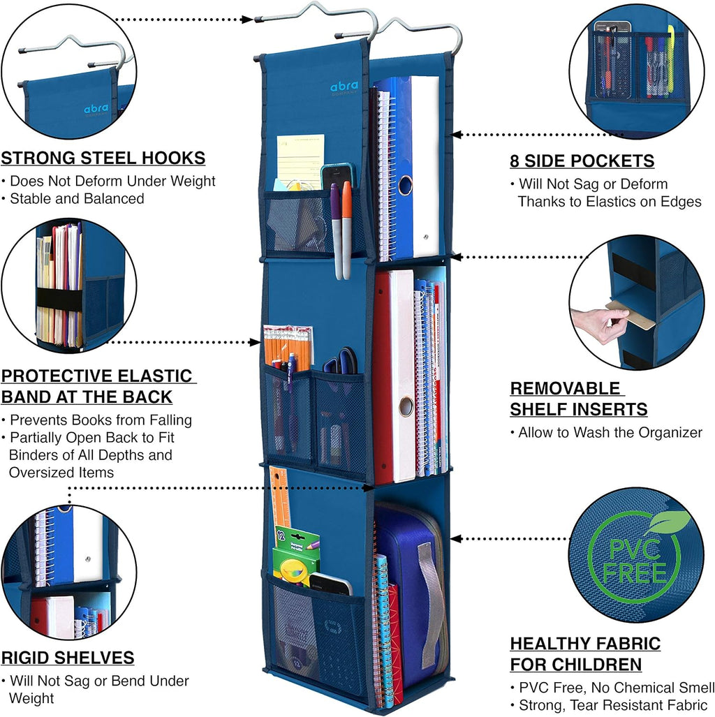 ABRA® 3 Shelf Hanging Locker Organizer for School, Gym, Work, Storage | Wide Shelves 6.5”x 9”| Eco-Friendly Fabric Healthy for Children | Adjustable School Locker Shelf from 3 to 2 Shelves (Navy Blue)