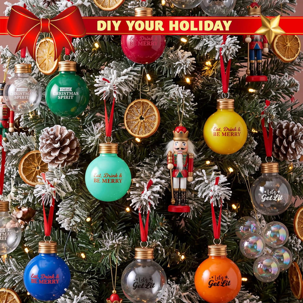 Joiedomi 18 Pcs Mini Christmas Boozeball Ornaments Set, 1.7 oz Clear Plastic Fillable Ball, Ball Ornaments for Christmas Tree Hanging Decorations Indoor, Xmas Party Favors Supplies Presents