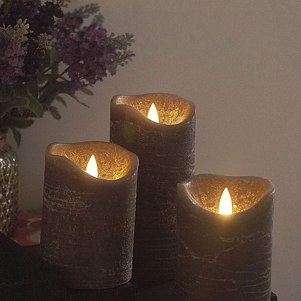 iZAN 3 Pack Real Wax Flameless Pillar Candles, 3”D X 4" 5" 6" H (Grey)