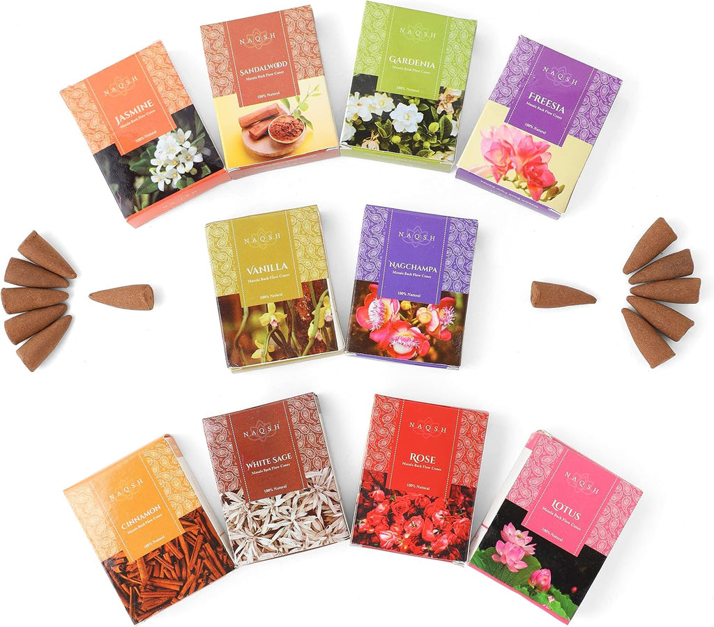 NAQSH Hand Rolled Incense Cones Scented Long Lasting Aroma for Positivity & Pure Air Meditation, Yoga, Aromatherapy, Relaxing & Refreshing (10, Back Flow Masala Cones)