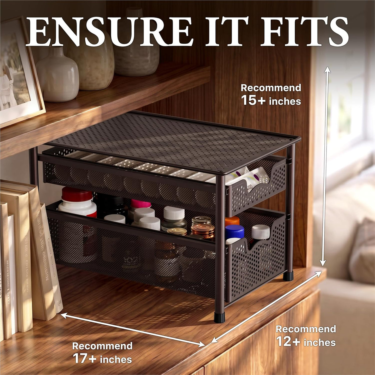 Simple Houseware Stackable 2 Tier Sliding Basket Organizer Drawer, Bronze