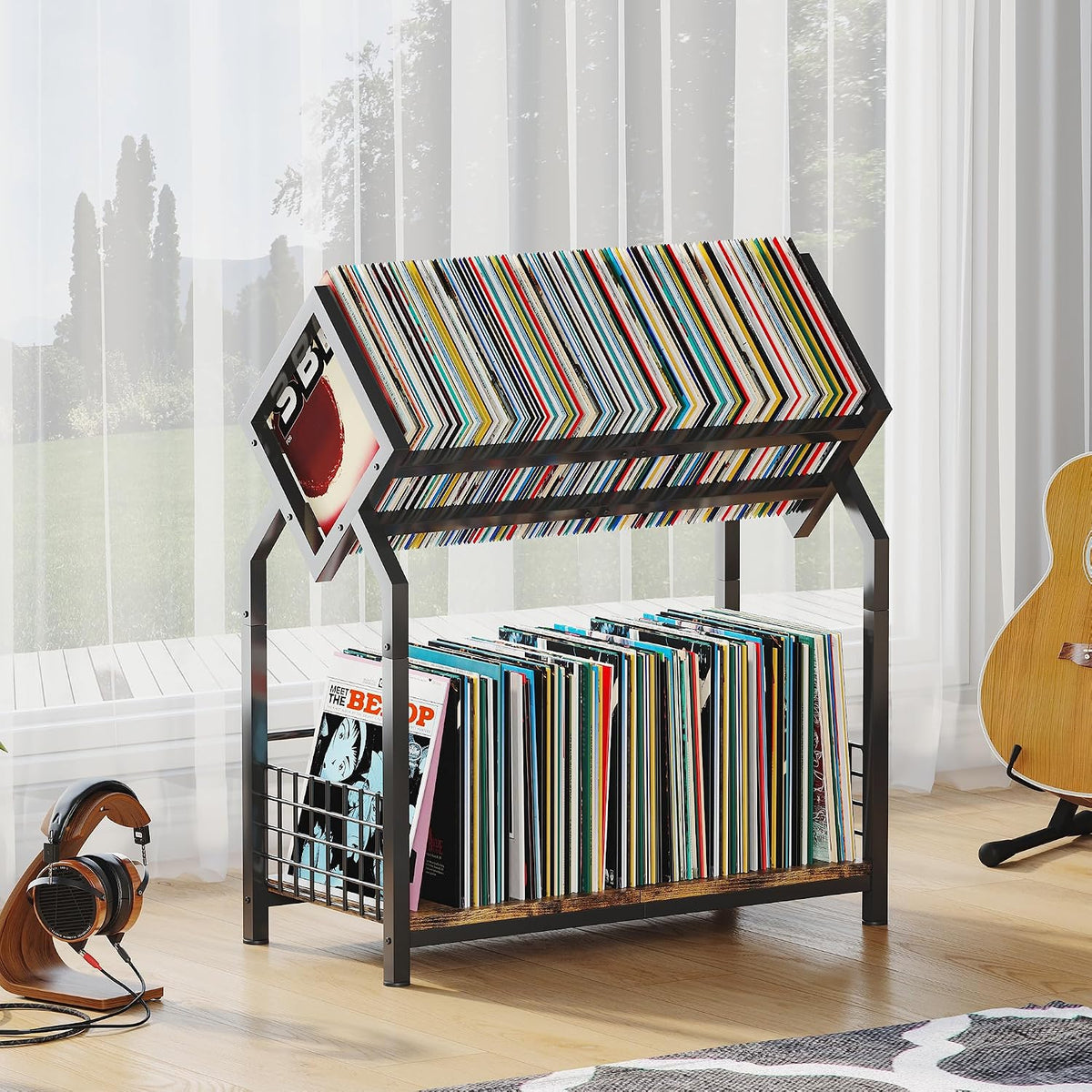 Homeiju 2-Tier Vinyl Record Storage Holder with Dividers, 24.4''W Vinyl Record Display, 300 LPs Vinyl Record Storage Rack, Suitable for Magazines, Books, Documents, Albums