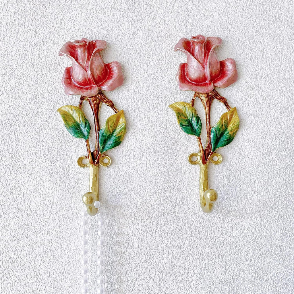 Vintage Rose-Shaped Decorative Wall Hooks, 2 Pack Hand-Painted Floral Metal Wall Hook Rack Hangers for Hanging Coats, Clothes, Keys, Hats, and Towels