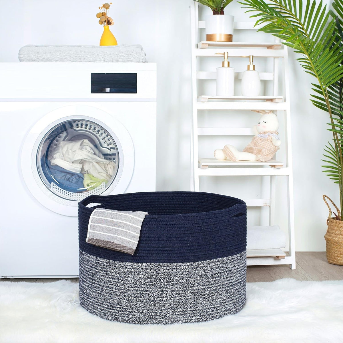 MINTWOOD Design Extra Large 22 x 14 Inches Blanket Storage Basket, Laundry Basket, Decorative Woven Cotton Rope Baskets for Blanket Storage Living Room, Dog Toy Storage Basket Bin, Navy Blue