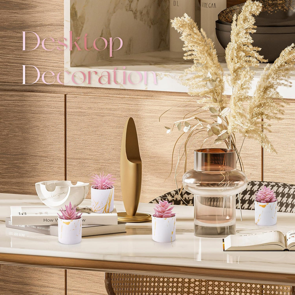Der Rose 4 Pack Pink Fake Plants in Gold Accent Pots for Office Desk Decor