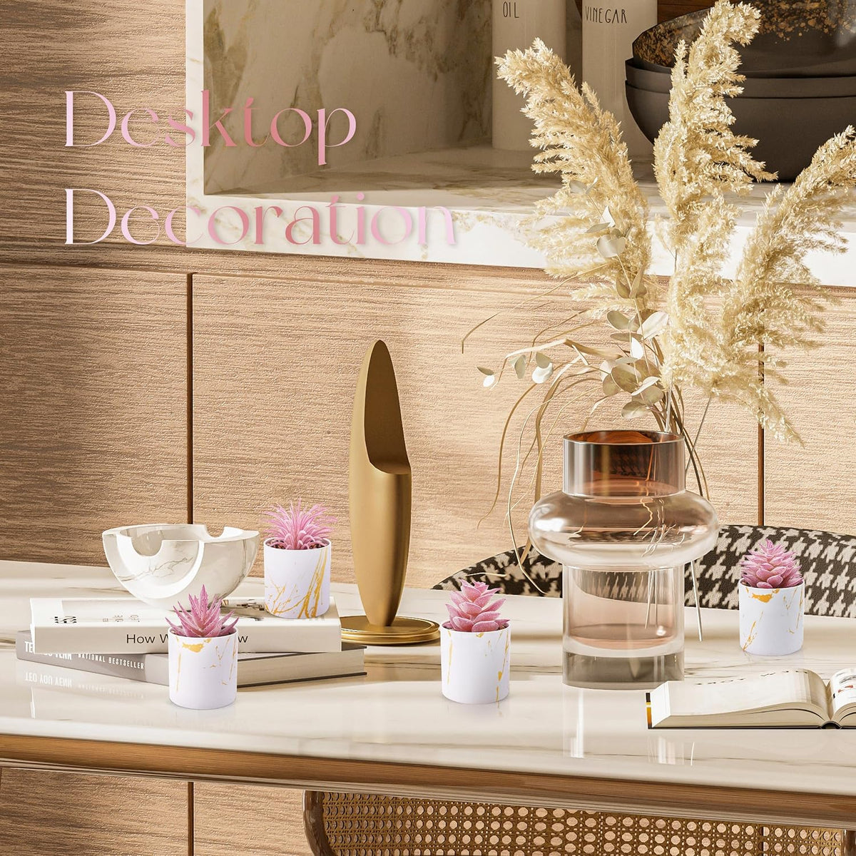 Der Rose 4 Pack Pink Fake Plants in Gold Accent Pots for Office Desk Decor