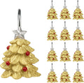 Sunlit Gold Christmas Tree Decorative Shower Curtain Hooks with Star, Shower Curtain Rings, Resin, Xmas Theme Winter Holiday Bathroom Decoration, Set of 12, Golden Tree with Red Balls Ornaments