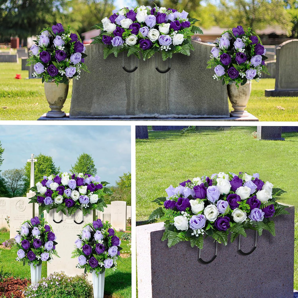 XONOR Artificial Cemetery Flower Saddles, Cemetery Memorial Flowers with Vase for Grave Tombstone Decorations (Purple White)