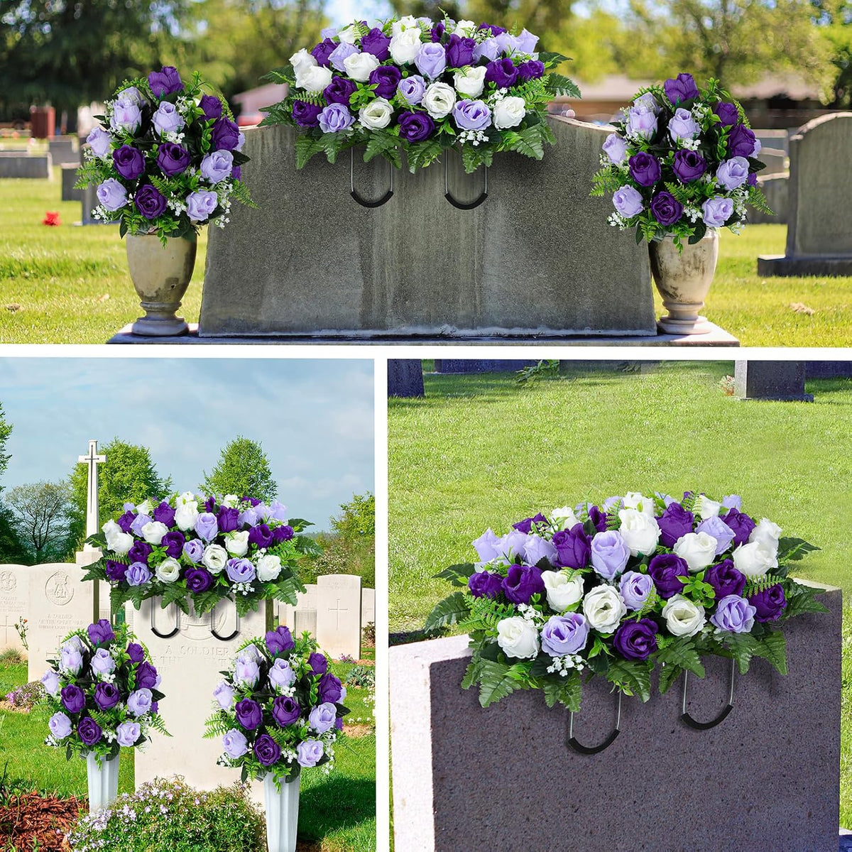 XONOR Artificial Cemetery Flower Saddles, Cemetery Memorial Flowers with Vase for Grave Tombstone Decorations (Purple White)