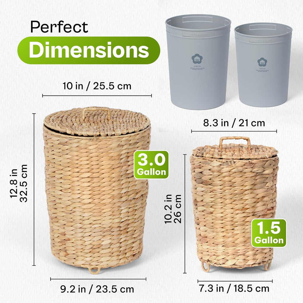 Bathroom Trash Can with Lid Set of 2 (3 Gallon & 1.5 Gallon), Wicker Wastebasket with Liner & Raised Feet, Handwoven Water Hyacinth Decorative Trash Can for Bedroom, Office, Living Room