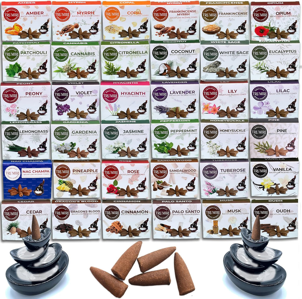 Trumiri Backflow Incense Cones for Waterfall Fountain - 6 Random Scents - Insence - Insenses - Large Long Lasting Variety Pack - Inciensos - 10 Cones per Scent - Total 60 Conos