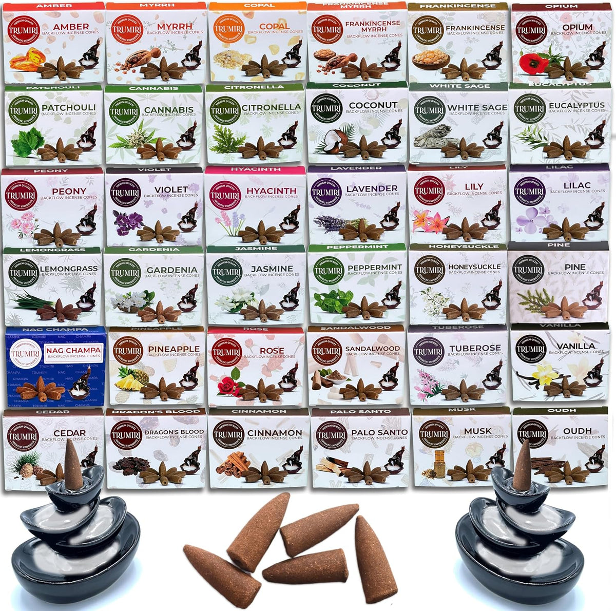 Trumiri Backflow Incense Cones for Waterfall Fountain - 6 Random Scents - Insence - Insenses - Large Long Lasting Variety Pack - Inciensos - 10 Cones per Scent - Total 60 Conos