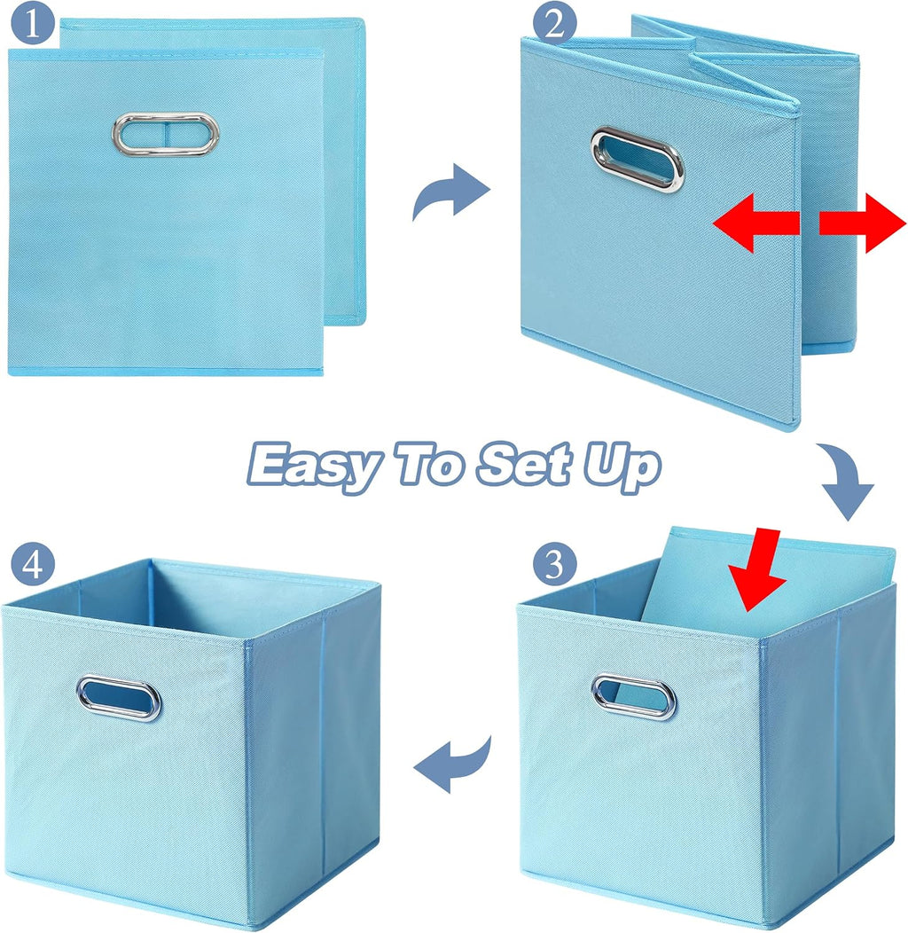 6 Pack Open Fabric Storage Bins with Metal Handle, 10.6x10.6x11 Inch Foldable Cube Organizer Baskets for Closet Shelf Cabinet, Collapsible Fabric Boxes for Home Storage (Sky blue)